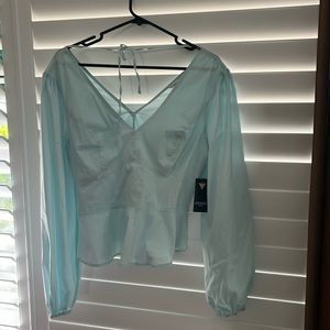 Guess Blue Cotton Long Sleeve  V-Neck Blouse